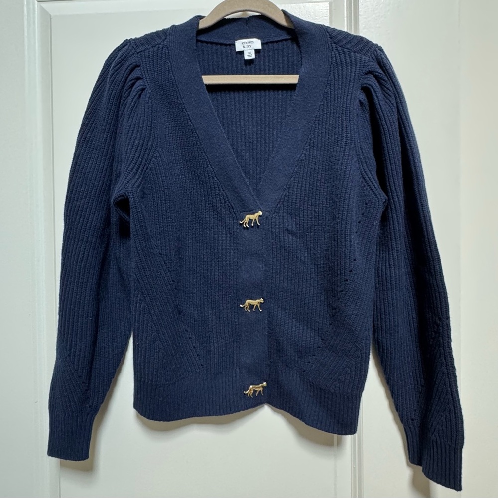 Crown & Ivy Deep Blue Cardigan with Gold Accents